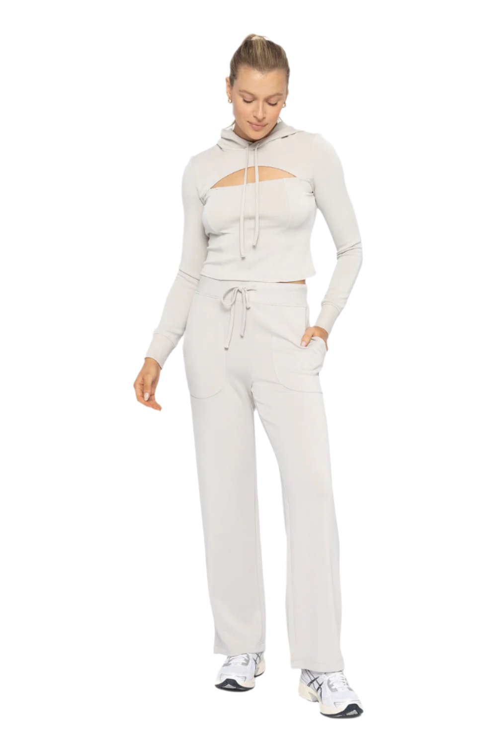 Mono B Cozy Comfort Wide Leg Lounge Pant - Pale Grey - Front Full View