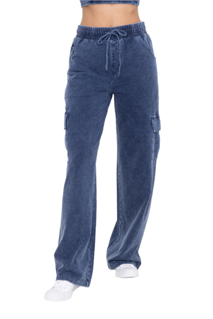Mono B Mineral Wash Wide Leg Cotton Cargo Pants - Denim - Front View