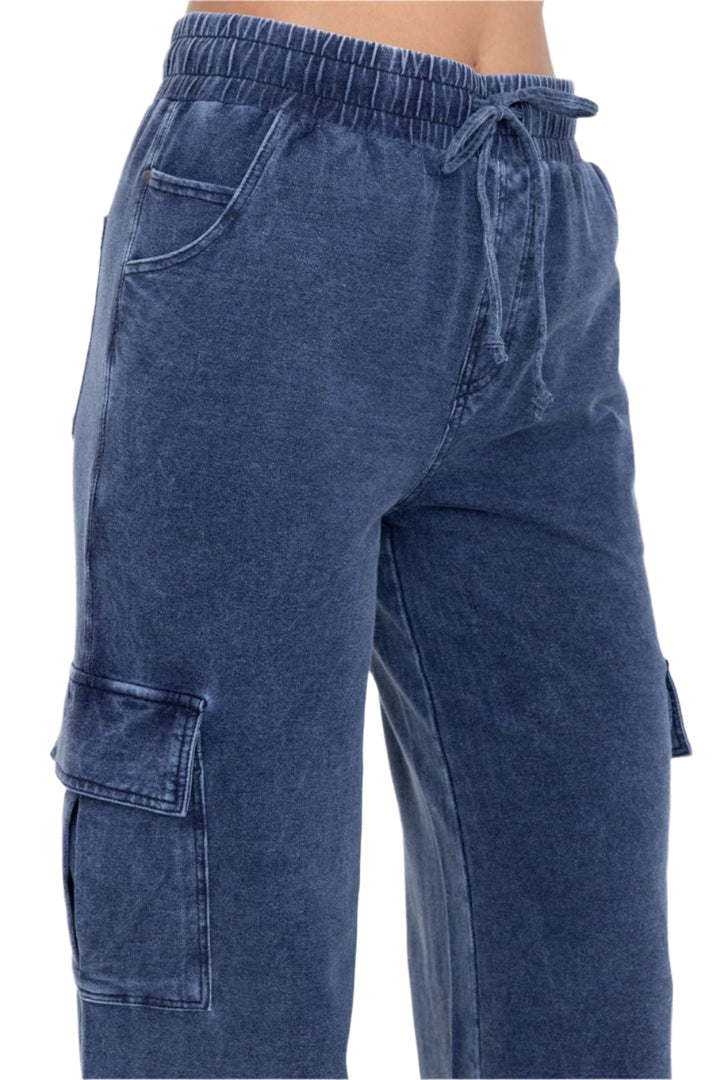 Mono B Mineral Wash Wide Leg Cotton Cargo Pants - Denim - Rear View