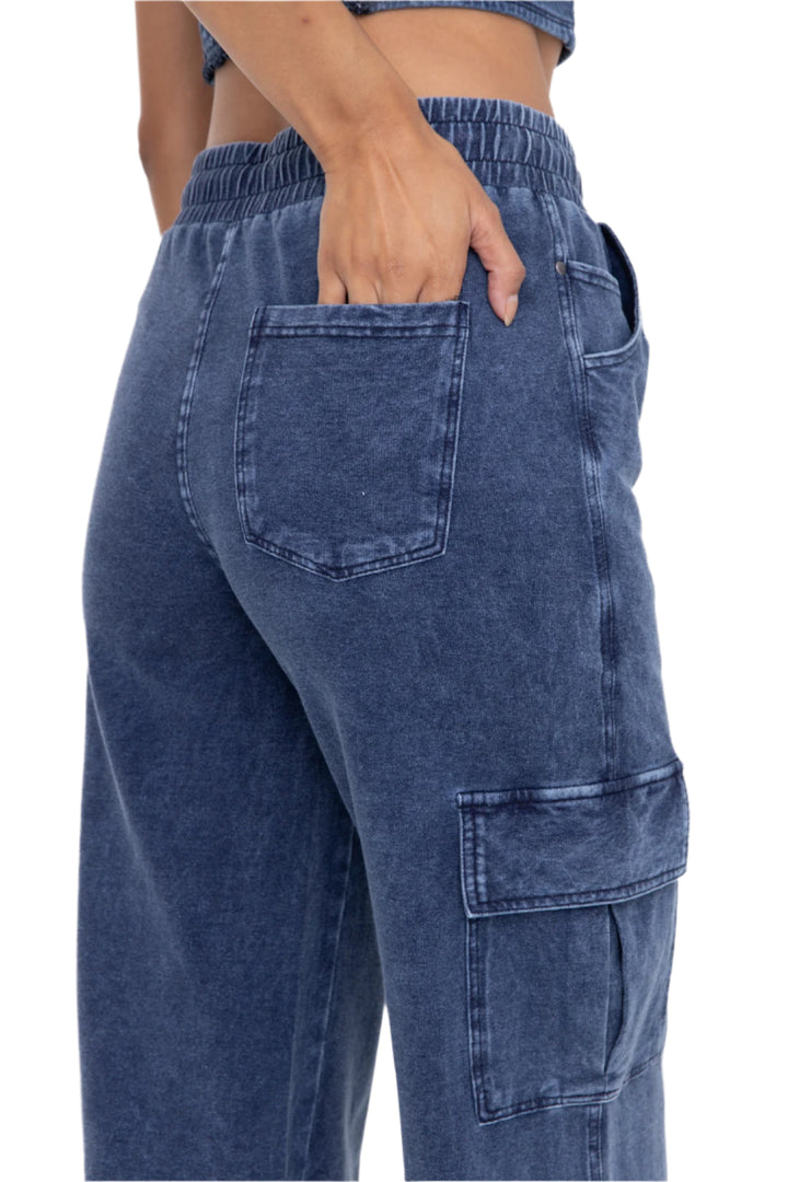 Mono B Mineral Wash Wide Leg Cotton Cargo Pants - Denim - Rear View2