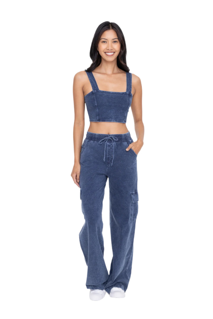 Mono B Mineral Wash Wide Leg Cotton Cargo Pants - Denim - Front Full View