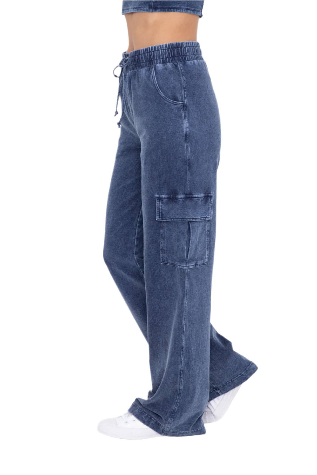 Mono B Mineral Wash Wide Leg Cotton Cargo Pants - Denim - Side View