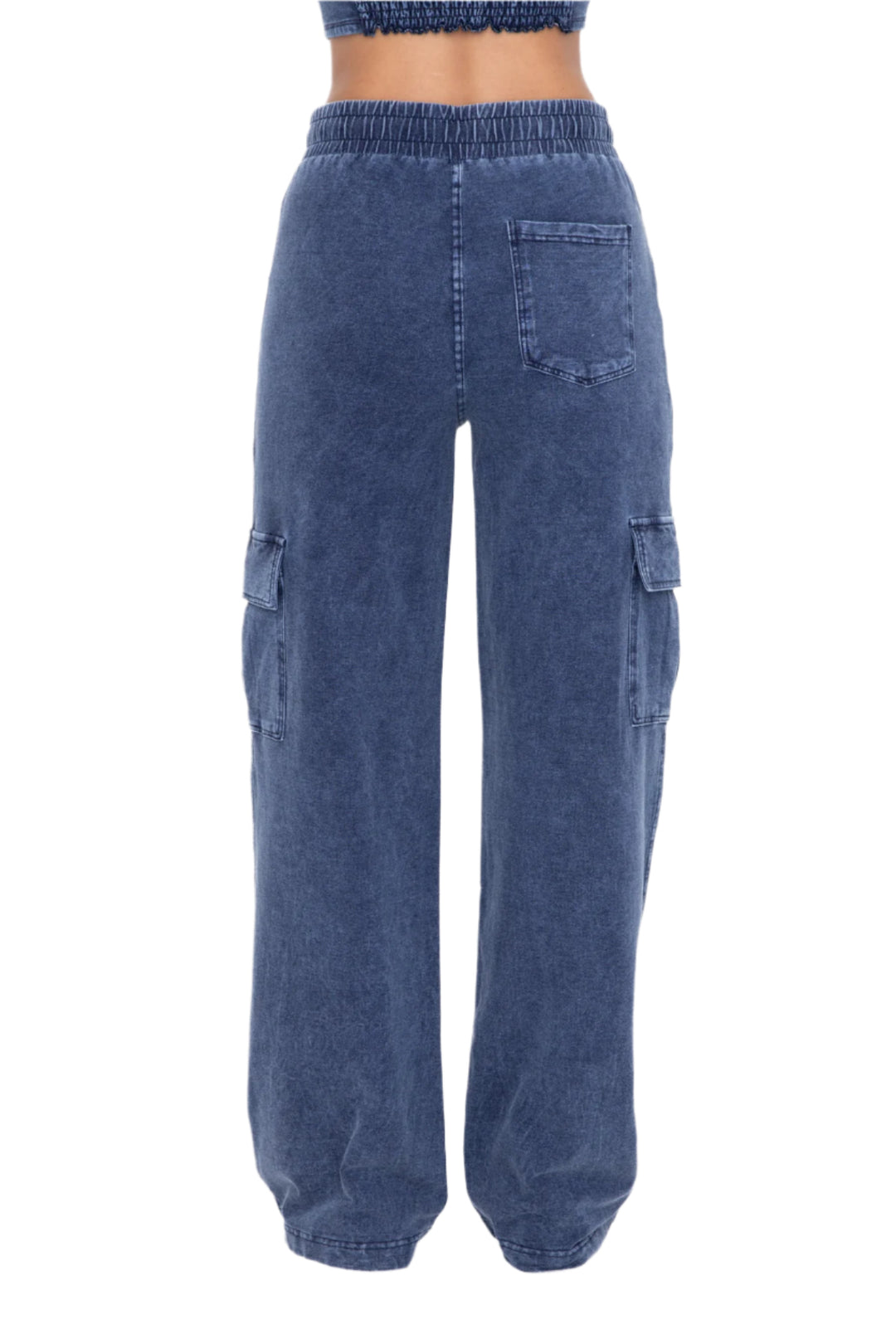 Mono B Mineral Wash Wide Leg Cotton Cargo Pants - Denim - Back View