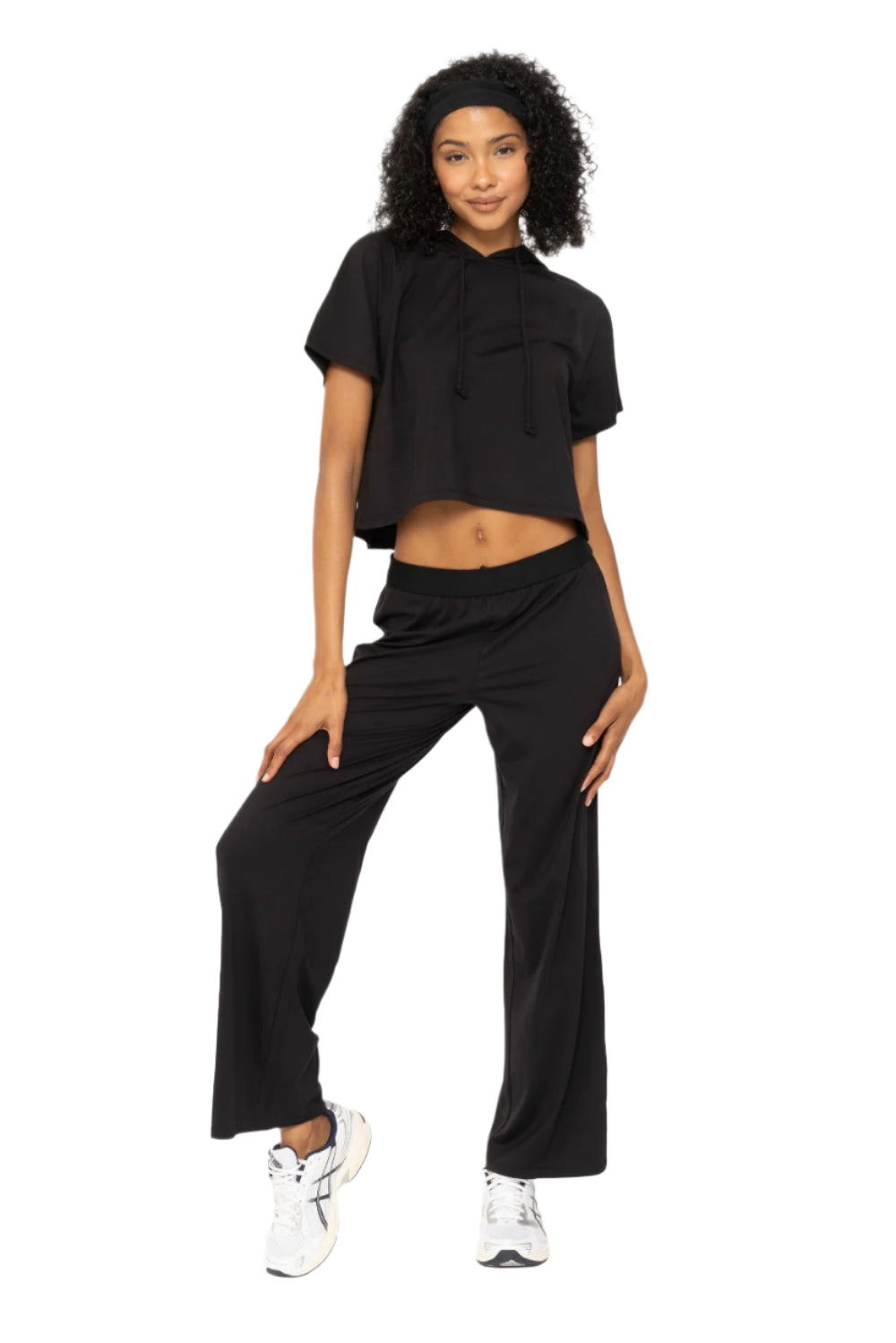 Mono B Air Essentials Fold Over Waist Wide Leg Lounge Pants - Black - Front Full View