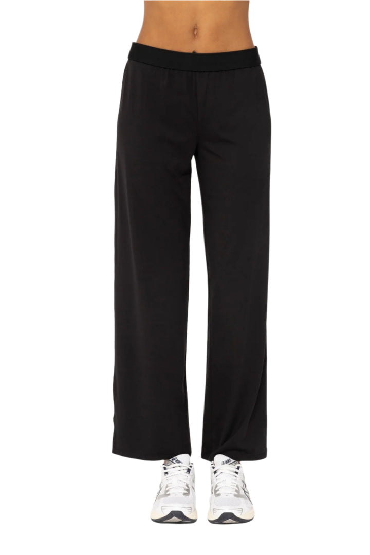 Mono B Air Essentials Fold Over Waist Wide Leg Lounge Pants - Black - Front View