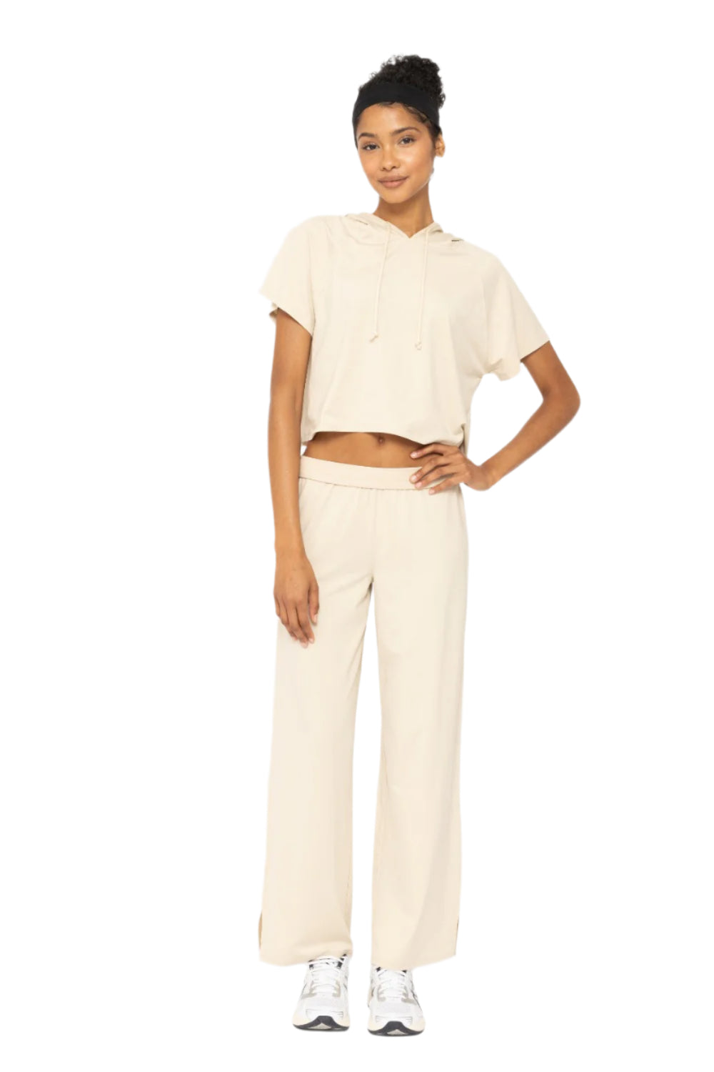 Mono B Air Essentials Fold Over Waist Wide Leg Lounge Pants - Oat Milk- Front Full View