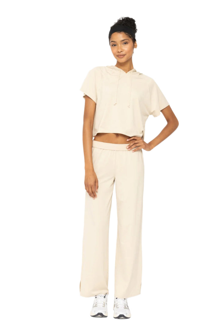 Mono B Air Essentials Fold Over Waist Wide Leg Lounge Pants - Oat Milk- Front Full View