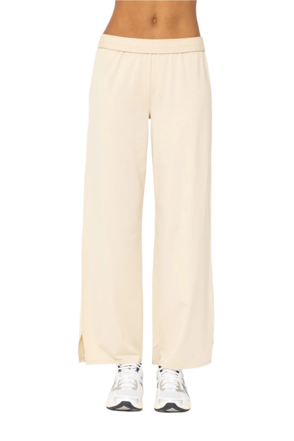 Mono B Air Essentials Fold Over Waist Wide Leg Lounge Pants - Oat Milk- Front View