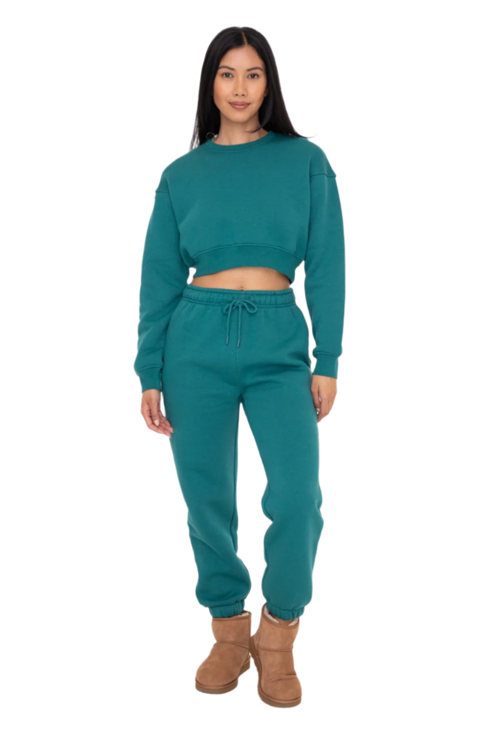 Mono B Fleece Billow Banded Bottom Sweat Pants - Blue Palm - Front Full View