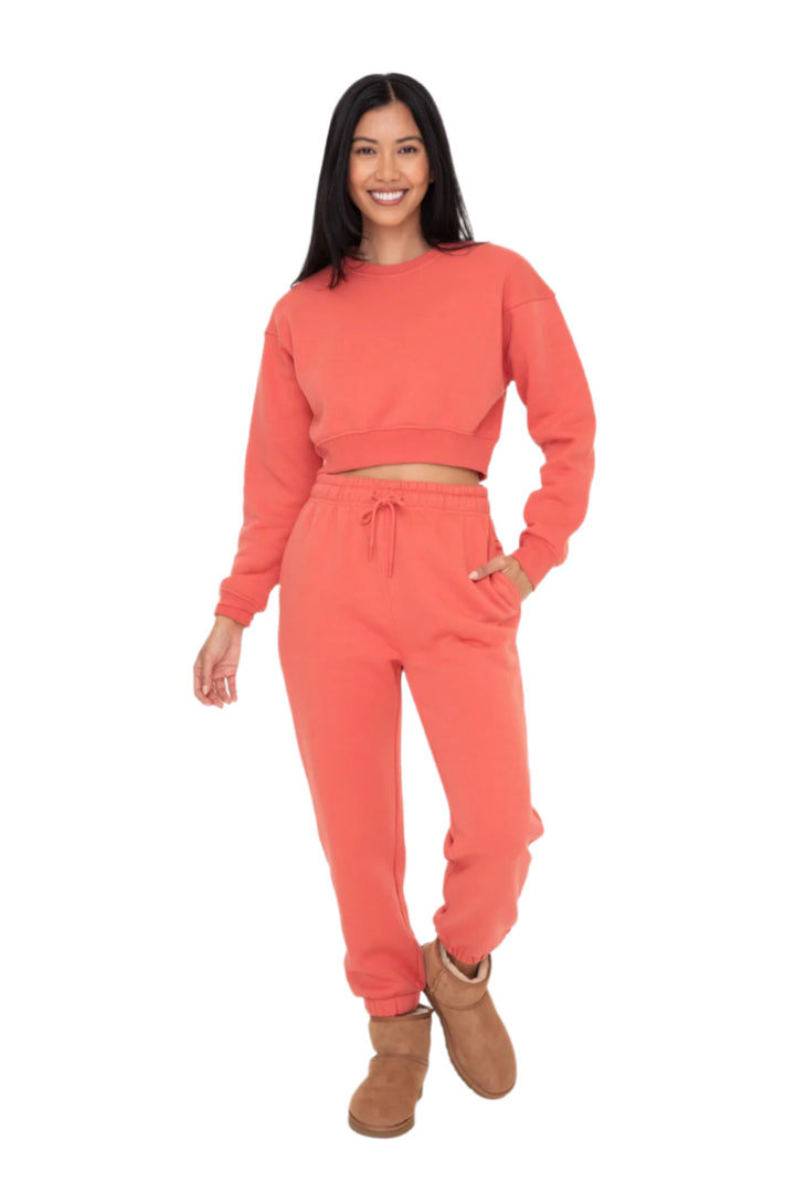 Mono B Fleece Billow Banded Bottom Sweat Pants - Winter Coral - Front Full View