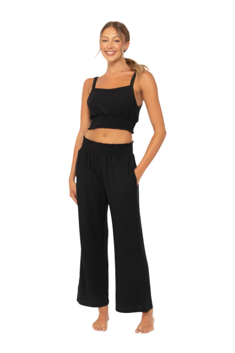 Mono B Soft Ribbed Smocked Crop Top - Black - Front Full View