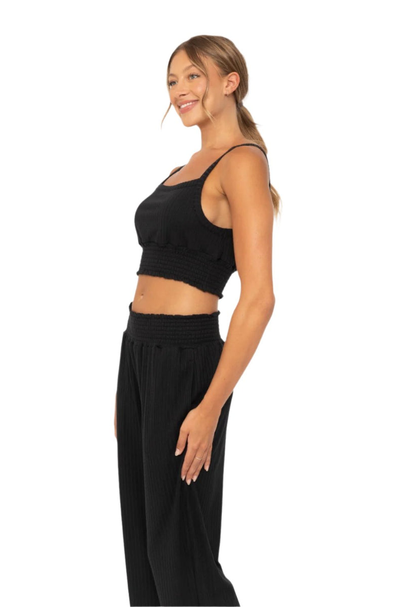 Mono B Soft Ribbed Smocked Crop Top - Black - Side View