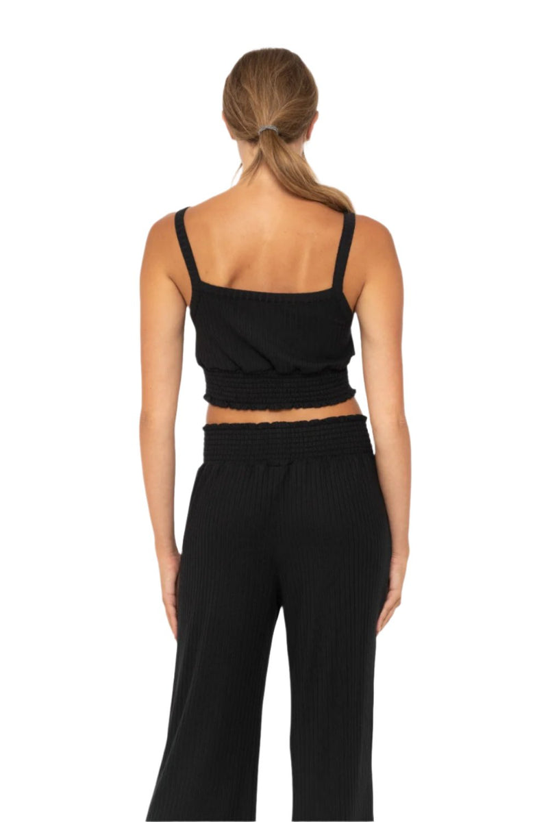 Mono B Soft Ribbed Smocked Crop Top - Black - Back View