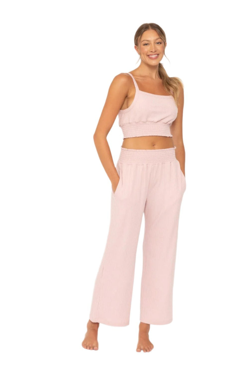 Mono B Soft Ribbed Smocked Crop Top - Cool Mauve - Front Full View