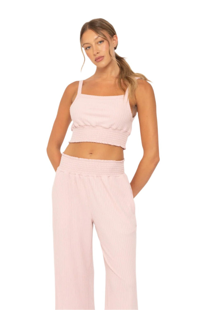 Mono B Soft Ribbed Smocked Crop Top - Cool Mauve - Front View