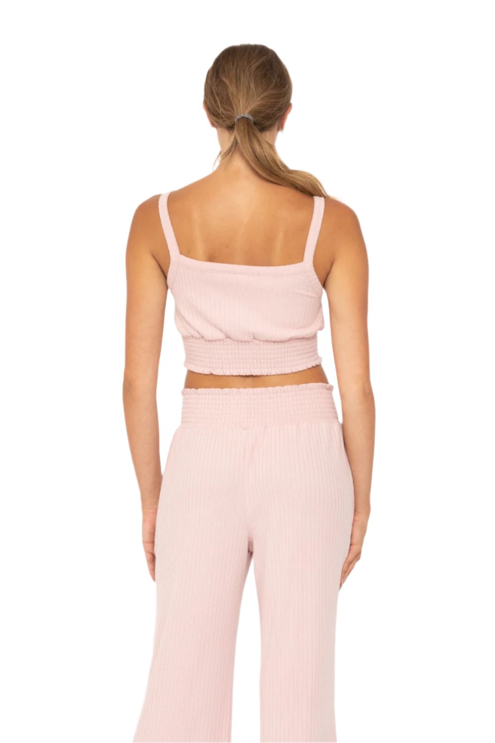 Mono B Soft Ribbed Smocked Crop Top - Cool Mauve - Back View