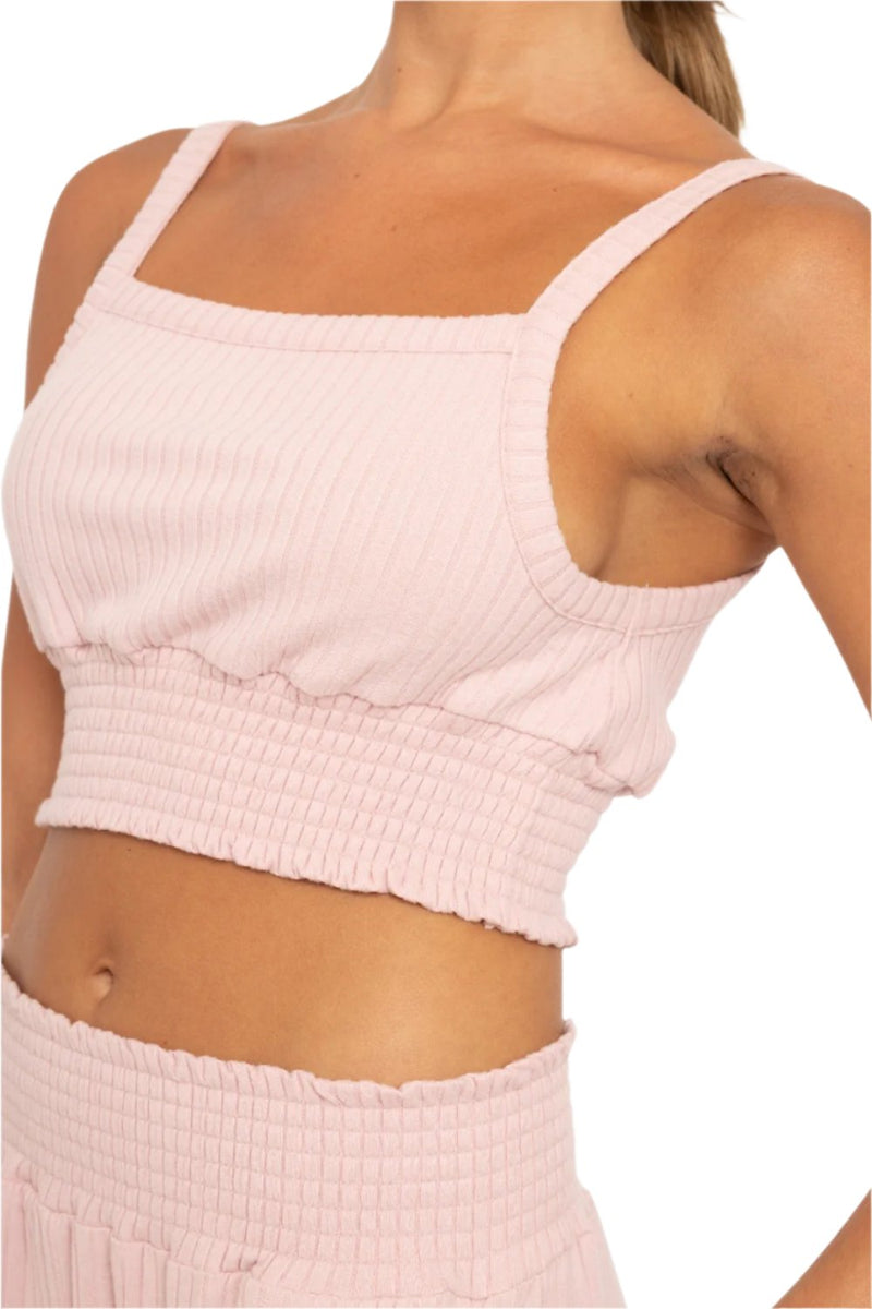 Mono B Soft Ribbed Smocked Crop Top - Cool Mauve - Side Rear View