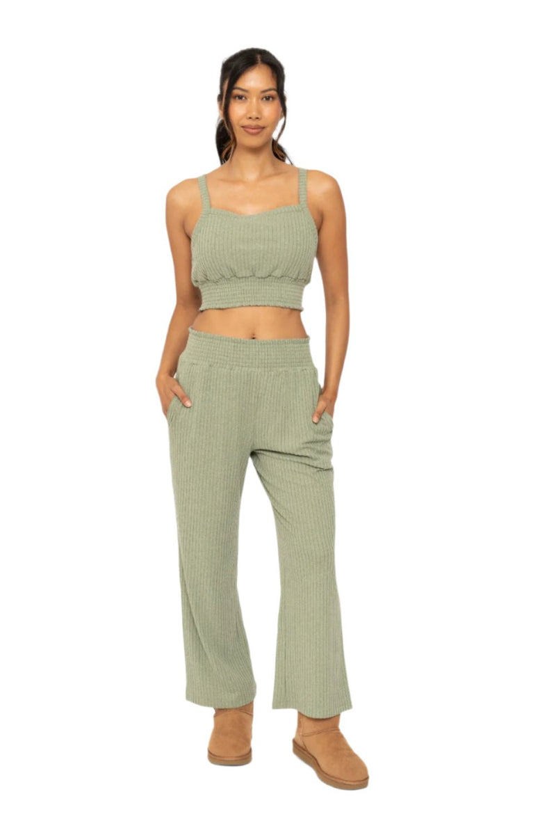 Mono B Soft Ribbed Smocked Crop Top - Sage - Front Full View