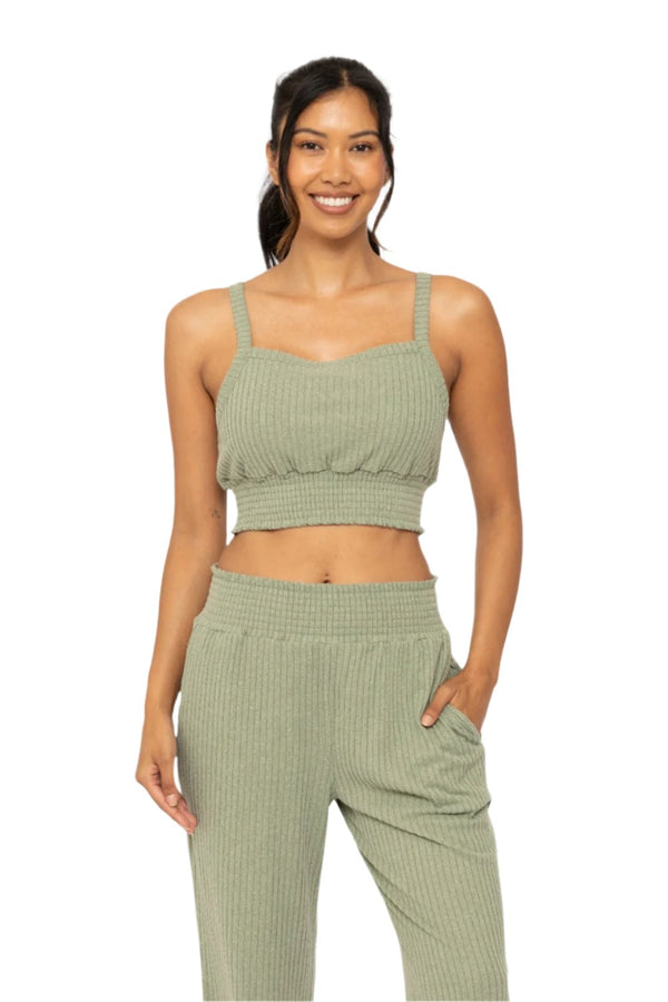 Mono B Soft Ribbed Smocked Crop Top - Sage - Front View