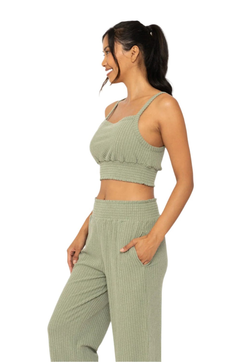 Mono B Soft Ribbed Smocked Crop Top - Sage - Side View