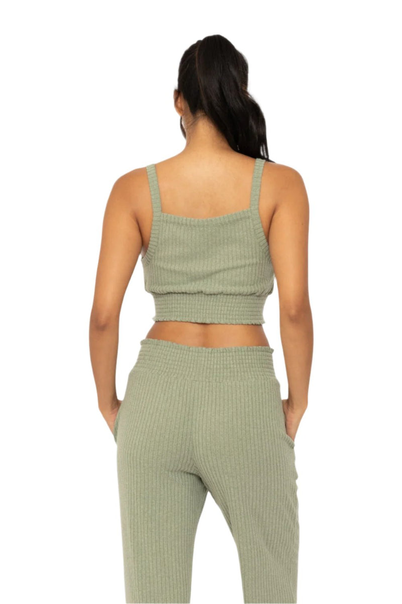 Mono B Soft Ribbed Smocked Crop Top - Sage - Back View