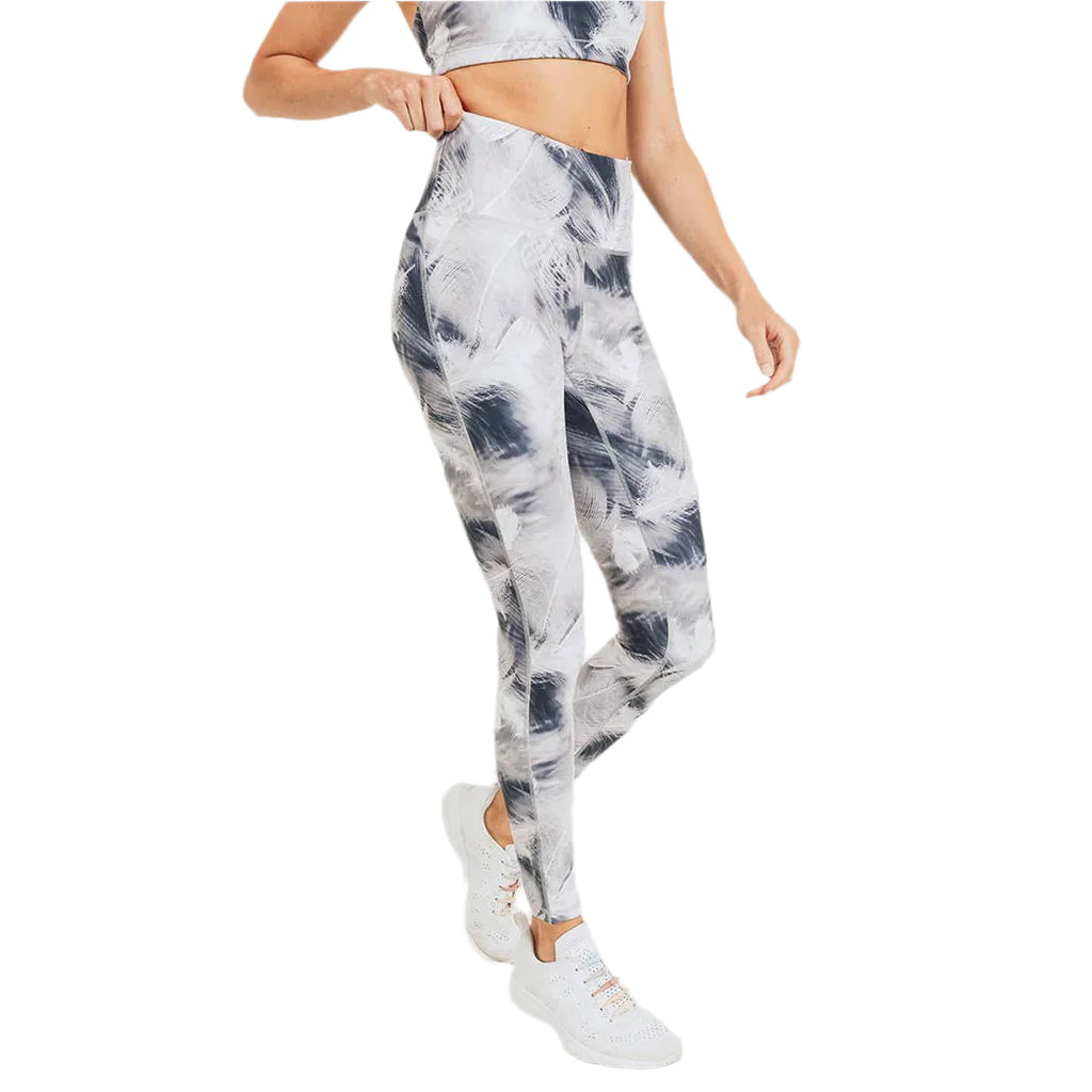 Mono B White Feather Print Highwaist Leggings - White Feather - Side View