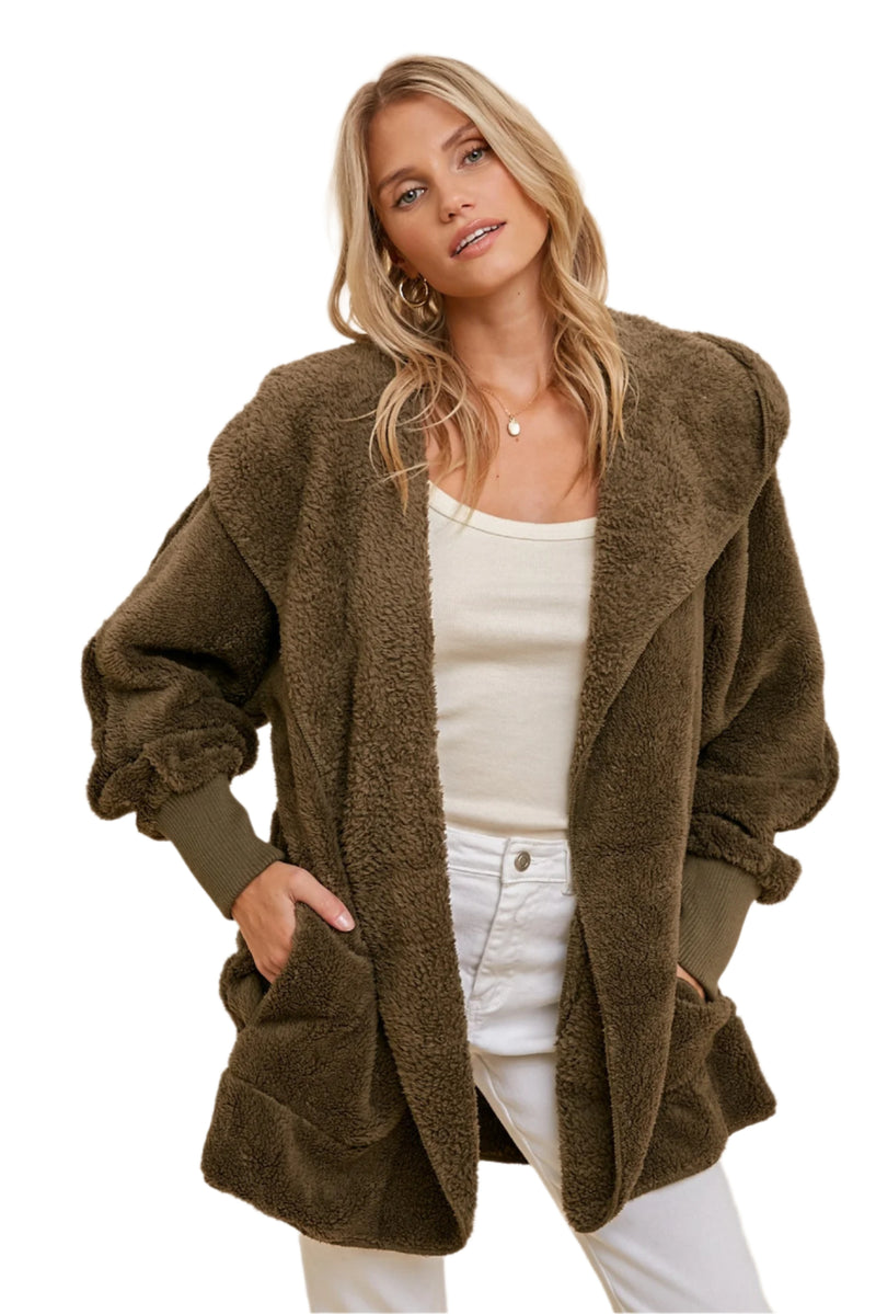 Hem & Thread Fuzzy knit open front, hooded cardigan with pockets L2394