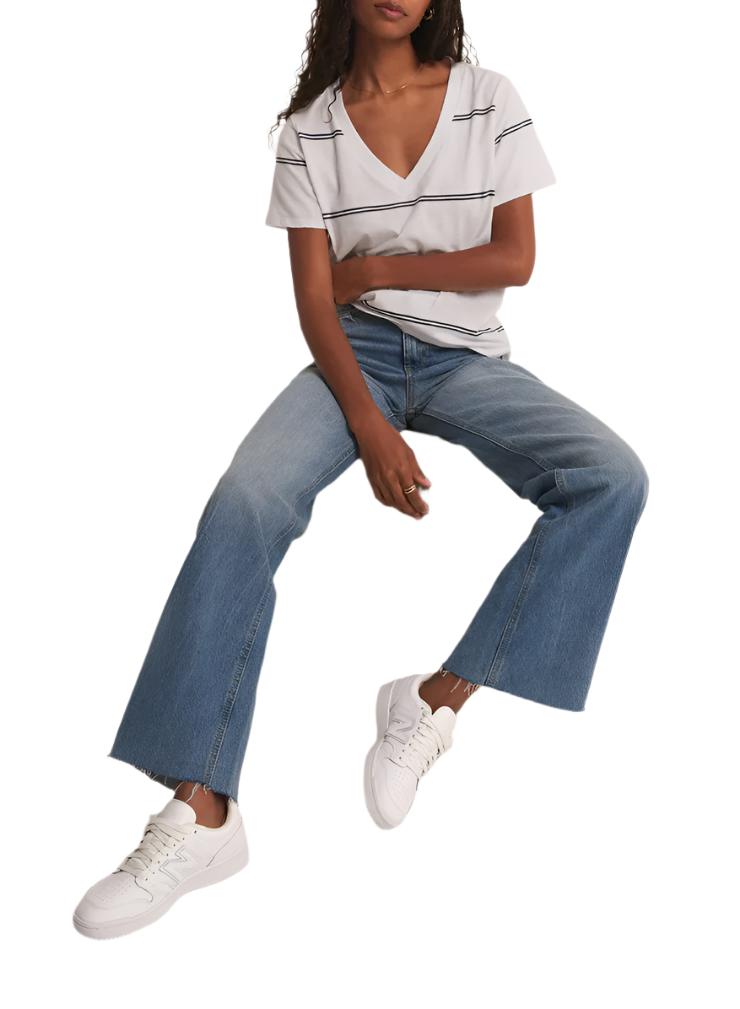 Z Supply Striped V Neck Pocket Tee - White - Sitting View