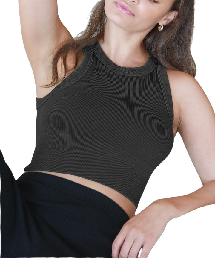 NikiBiki Vintage Ribbed High Neck Crop Top - Vintage Black - Front View