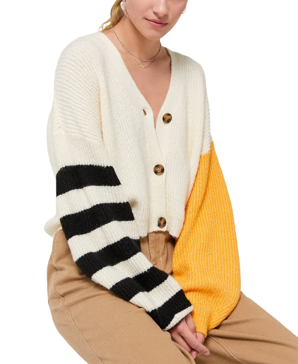 TMD Ivory/Gold Piper Balloon Sleeve Cardigan - Ivory/Gold - Side View