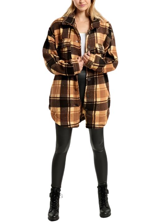 Plaid Fleece Jacket - Brown - Front Full View