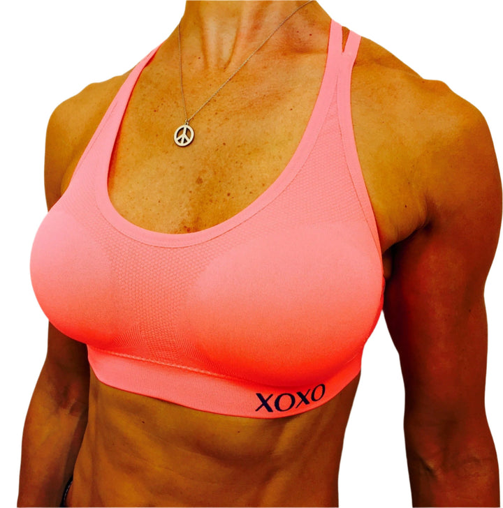 XOXO Double Strap Seamless Sports Bra - Neon Coral -  front  view