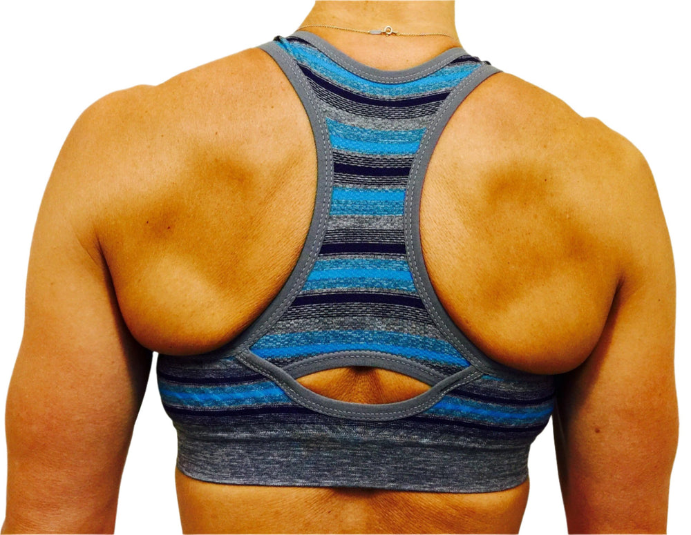 XOXO Racer Back Seamless Sports Bra  -  Charcoal/Turquoise  -  rear view