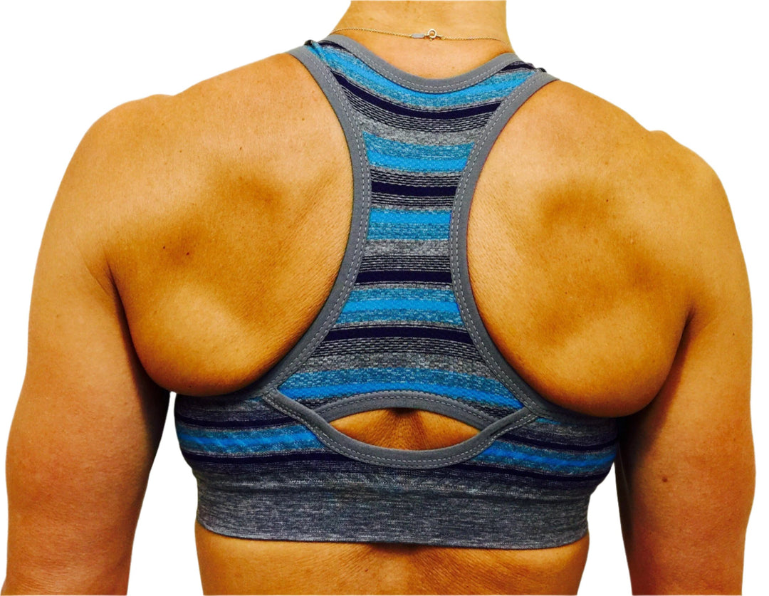 XOXO Racer Back Seamless Sports Bra  -  Charcoal/Turquoise  -  rear view