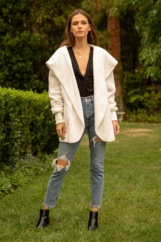 Hem & Thread Fuzzy knit open front, hooded cardigan with pockets L2394 - Off White Fuzzy - front view 