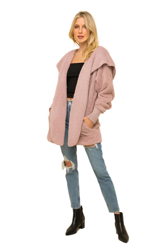 Hem & Thread Fuzzy knit open front, hooded cardigan with pockets L2394 - Dusty Lilac Fuzzy - front alt view 