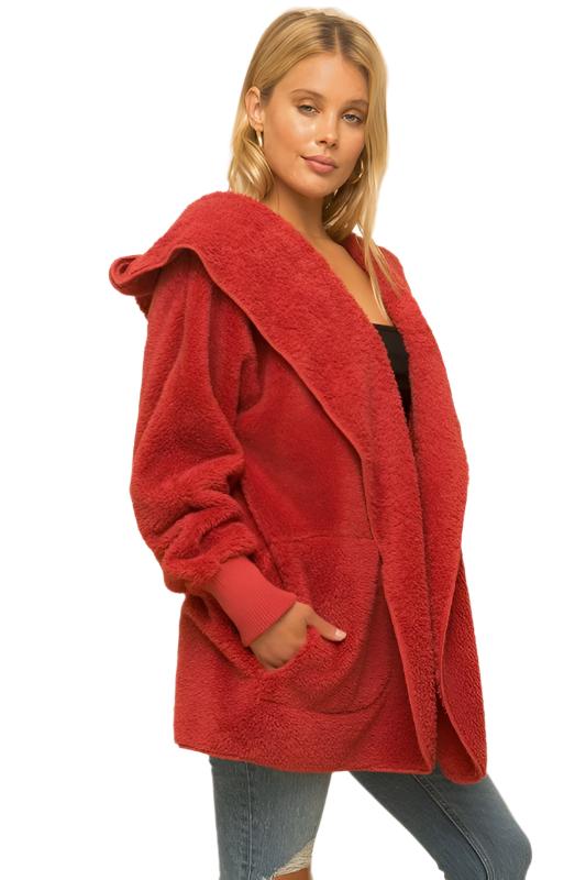 Hem & Thread Fuzzy knit open front, hooded cardigan with pockets L2394 - Vintage Red Fuzzy - side view 