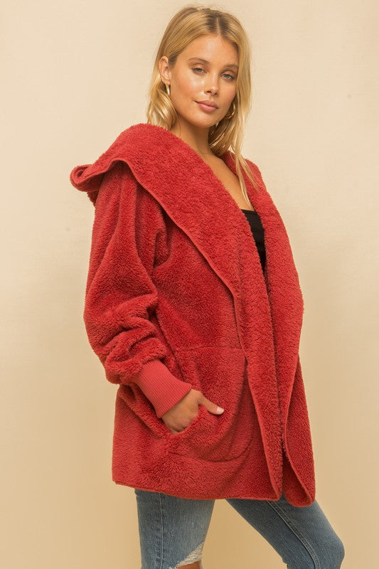 Hem & Thread Fuzzy knit open front, hooded cardigan with pockets L2394 - Vintage Red Fuzzy - side view 