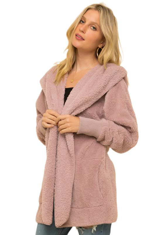 Hem & Thread Fuzzy knit open front, hooded cardigan with pockets L2394 - Dusty Lilac Fuzzy - front alt view  1