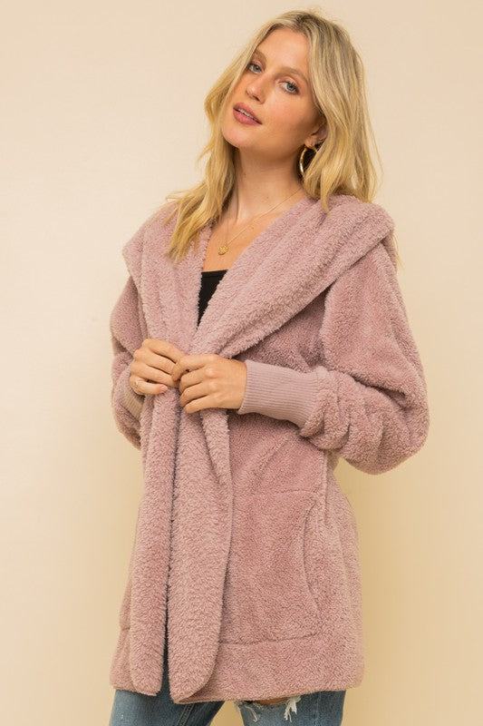 Hem & Thread Fuzzy knit open front, hooded cardigan with pockets L2394 - Dusty Lilac Fuzzy - front alt view  1