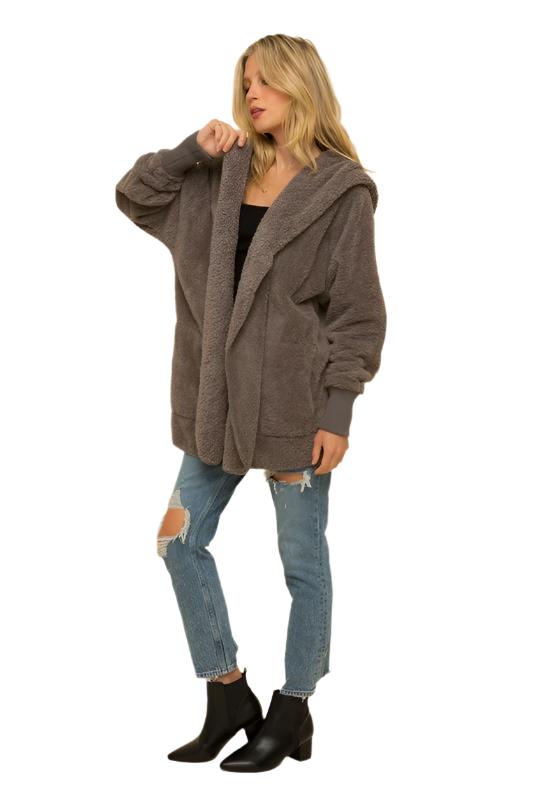 Hem & Thread Fuzzy knit open front, hooded cardigan with pockets L2394 - Steel Grey Fuzzy - front alt view 