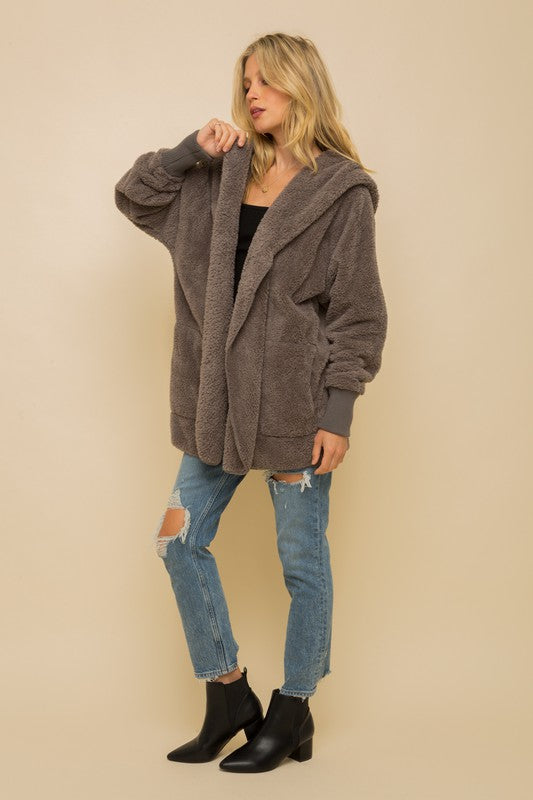 Hem & Thread Fuzzy knit open front, hooded cardigan with pockets L2394 - Steel Grey Fuzzy - front alt view 