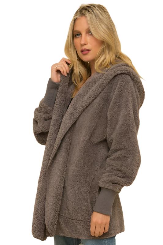 Hem & Thread Fuzzy knit open front, hooded cardigan with pockets L2394 - Steel Grey Fuzzy - front view 
