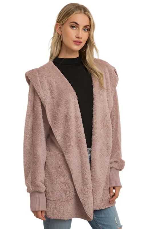 Hem & Thread Fuzzy knit open front, hooded cardigan with pockets L2394 - Dusty Lilac Fuzzy - front alt view 2