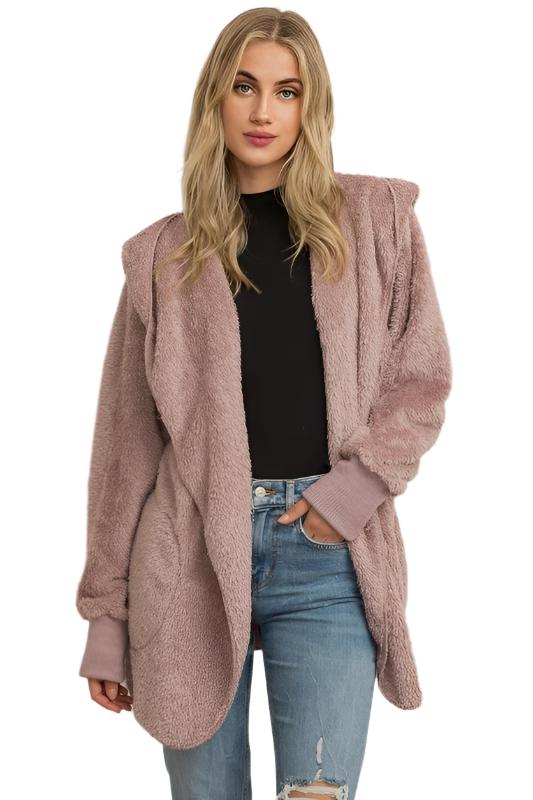 Hem & Thread Fuzzy knit open front, hooded cardigan with pockets L2394 - Dusty Lilac Fuzzy - front view 