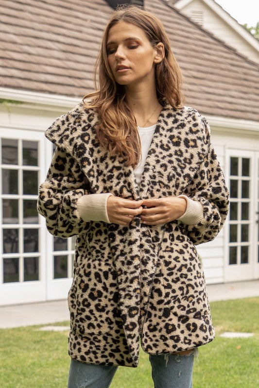 Hem & Thread Fuzzy Leopard open front, hooded cardigan with pockets 8432F - front view