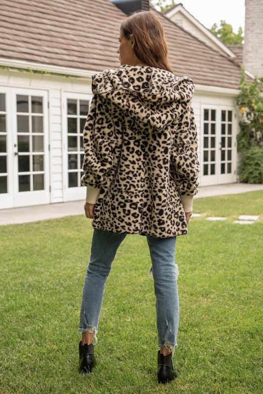 Hem & Thread Fuzzy Leopard open front, hooded cardigan with pockets 8432F - rear view