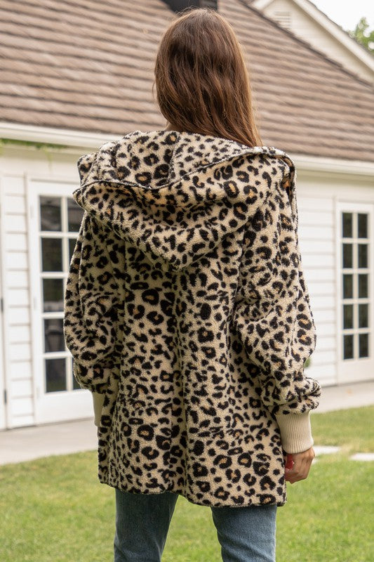 Hem & Thread Fuzzy Leopard open front, hooded cardigan with pockets 8432F - rear alt view