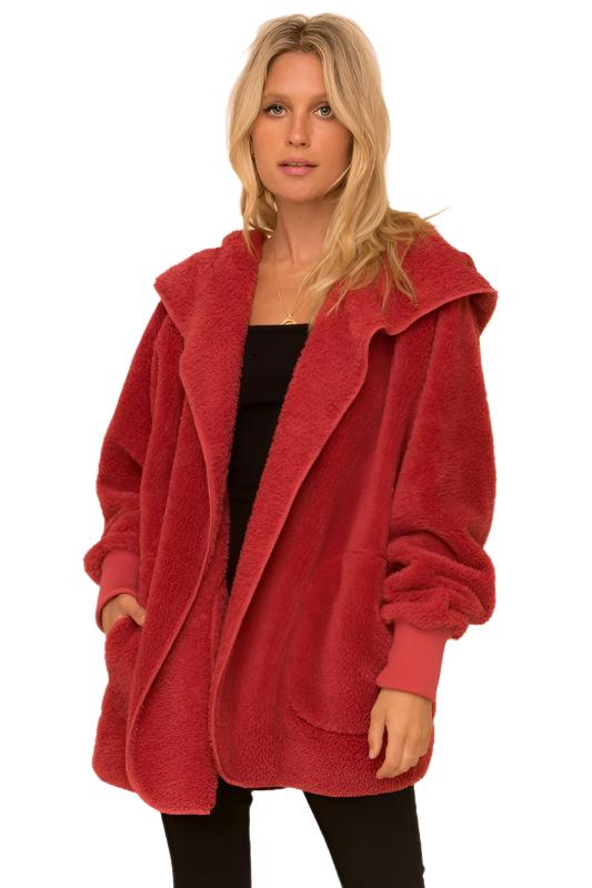 Hem & Thread Fuzzy knit open front, hooded cardigan with pockets L2394 - Vintage Red Fuzzy - front alt view 4