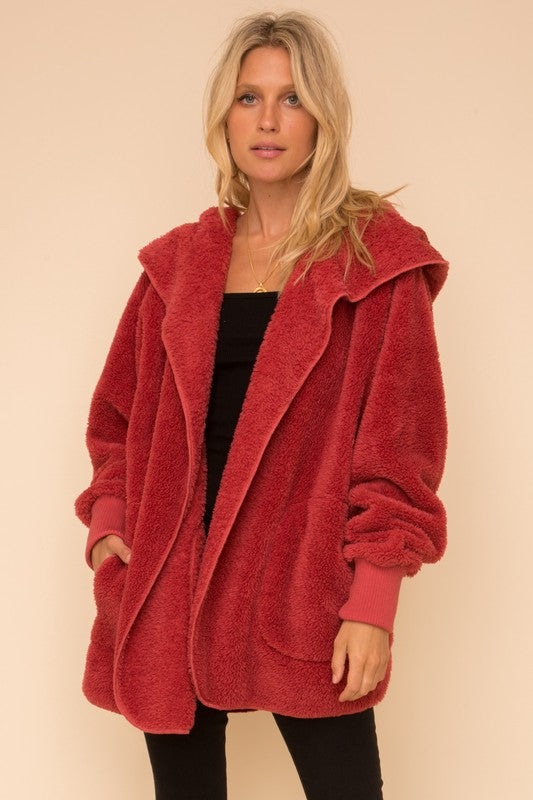 Hem & Thread Fuzzy knit open front, hooded cardigan with pockets L2394 - Vintage Red Fuzzy - front alt view 4